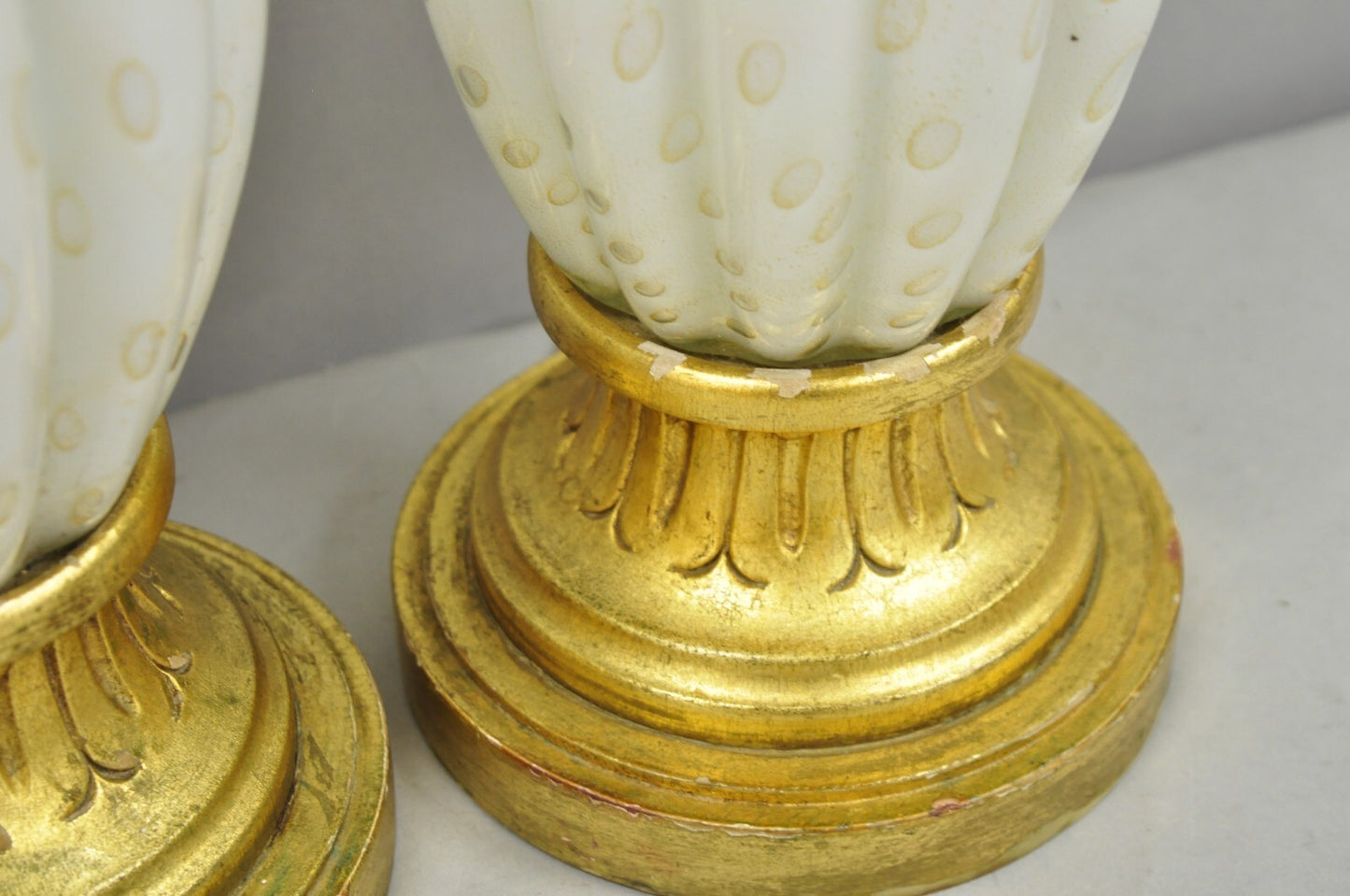 Vintage Mid Century Modern Italian Murano White Blown Glass Table Lamps - a Pair