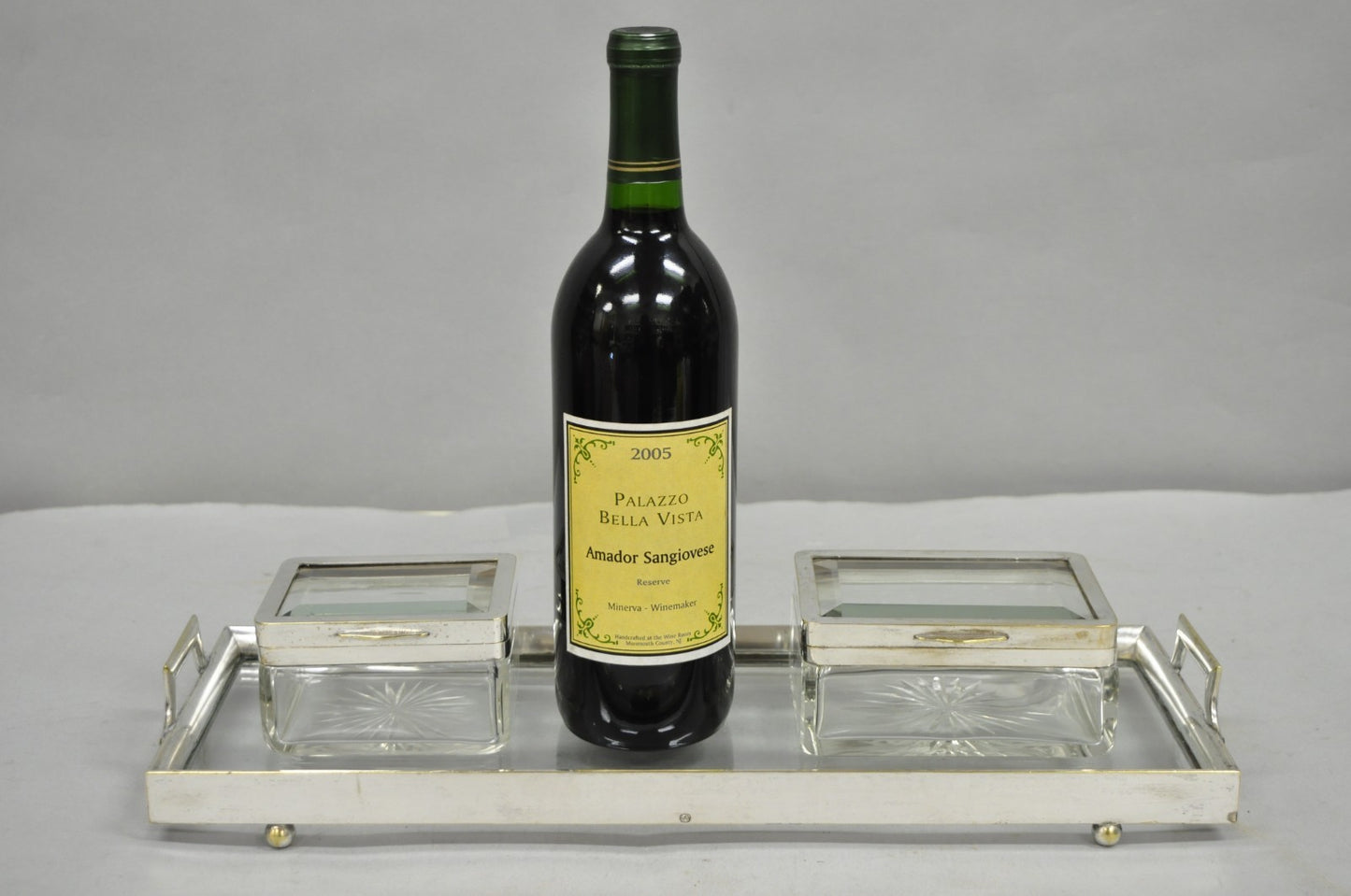 Art Deco Austrian Silver Plated Cut Glass Casket Trinket Box Set w/ Tray - 3 Pcs