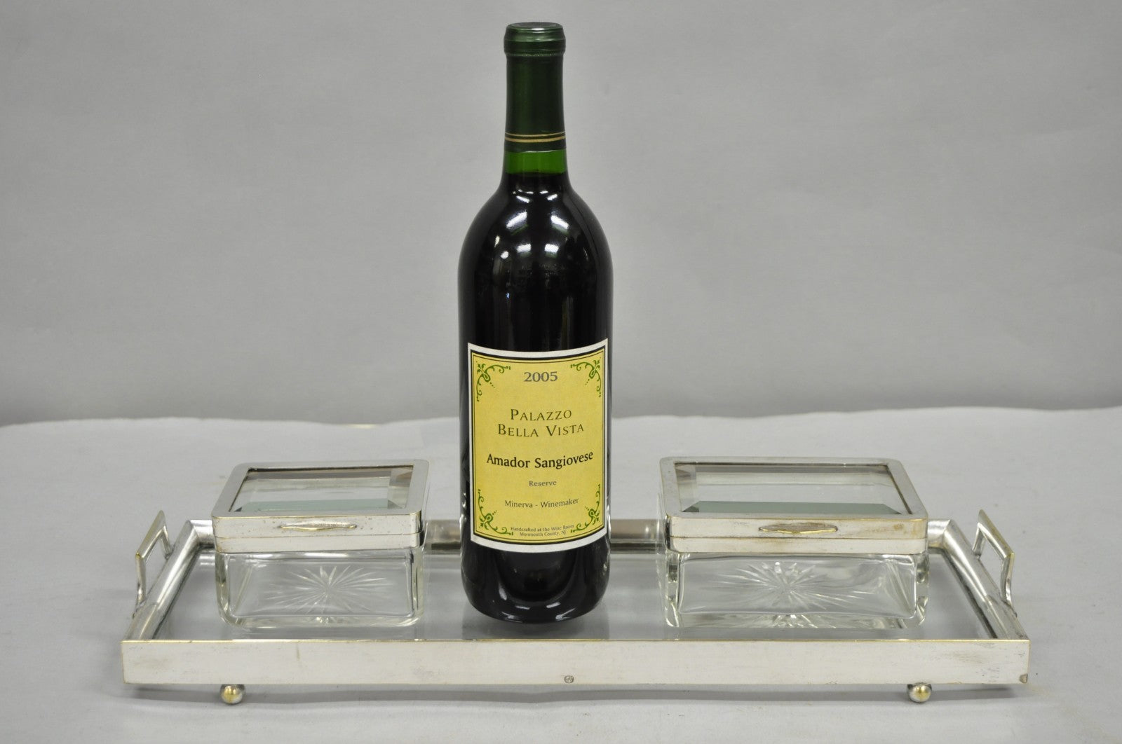 Art Deco Austrian Silver Plated Cut Glass Casket Trinket Box Set w/ Tray - 3 Pcs