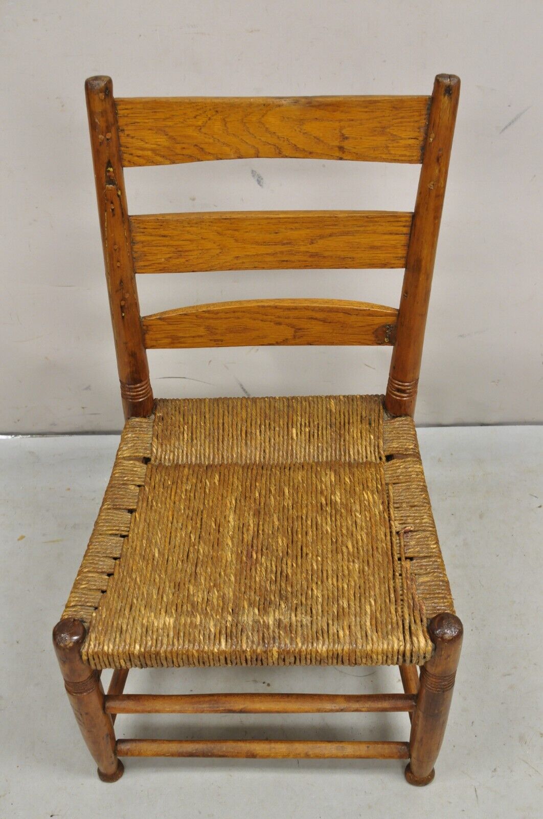 Antique 19th Century Childs Shaker Maple Rush Ladder Back Small Side Chair