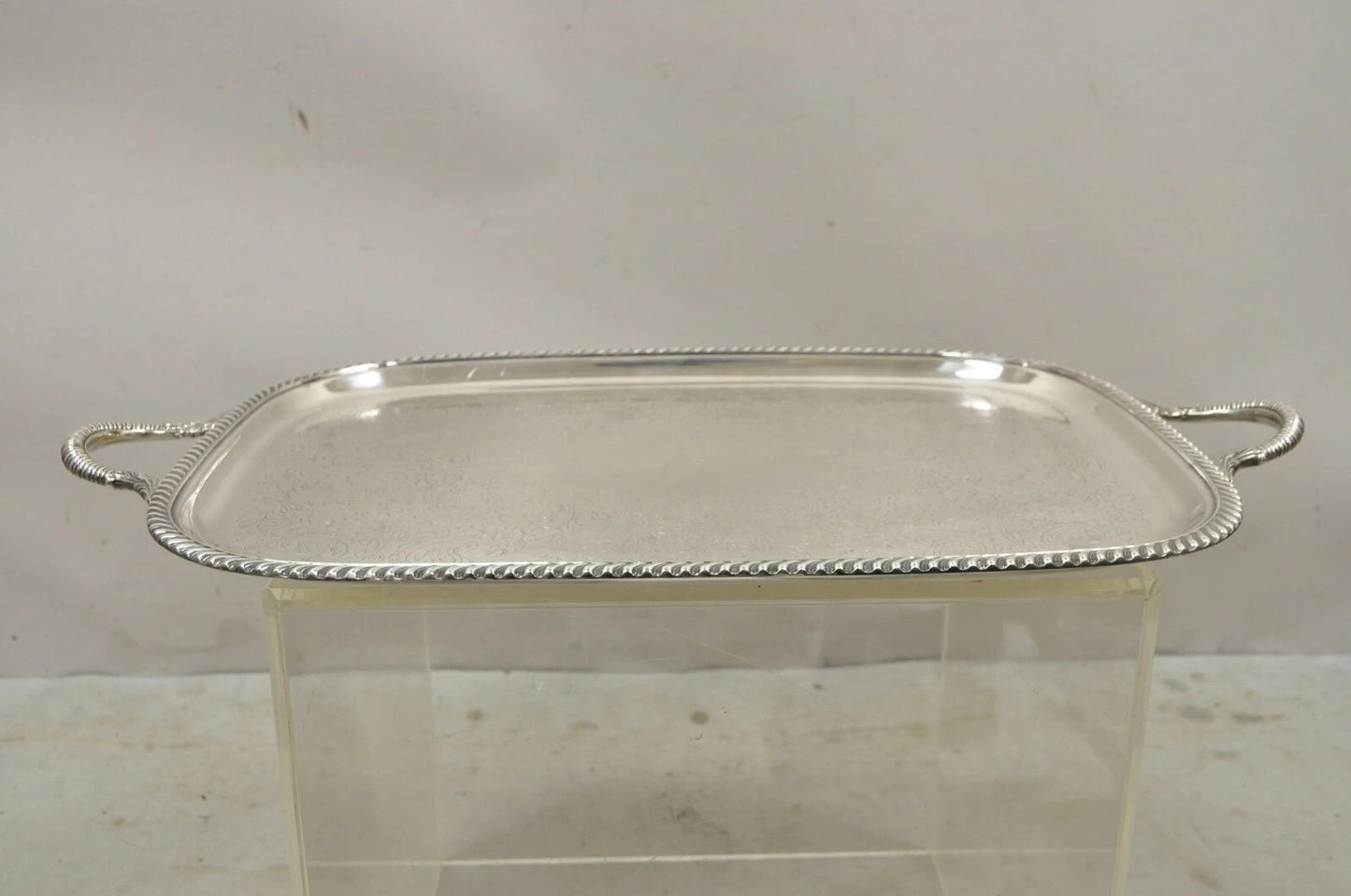 Vintage Victorian EPC Silver Plated Etched Twin Handle Serving Platter Bar Tray
