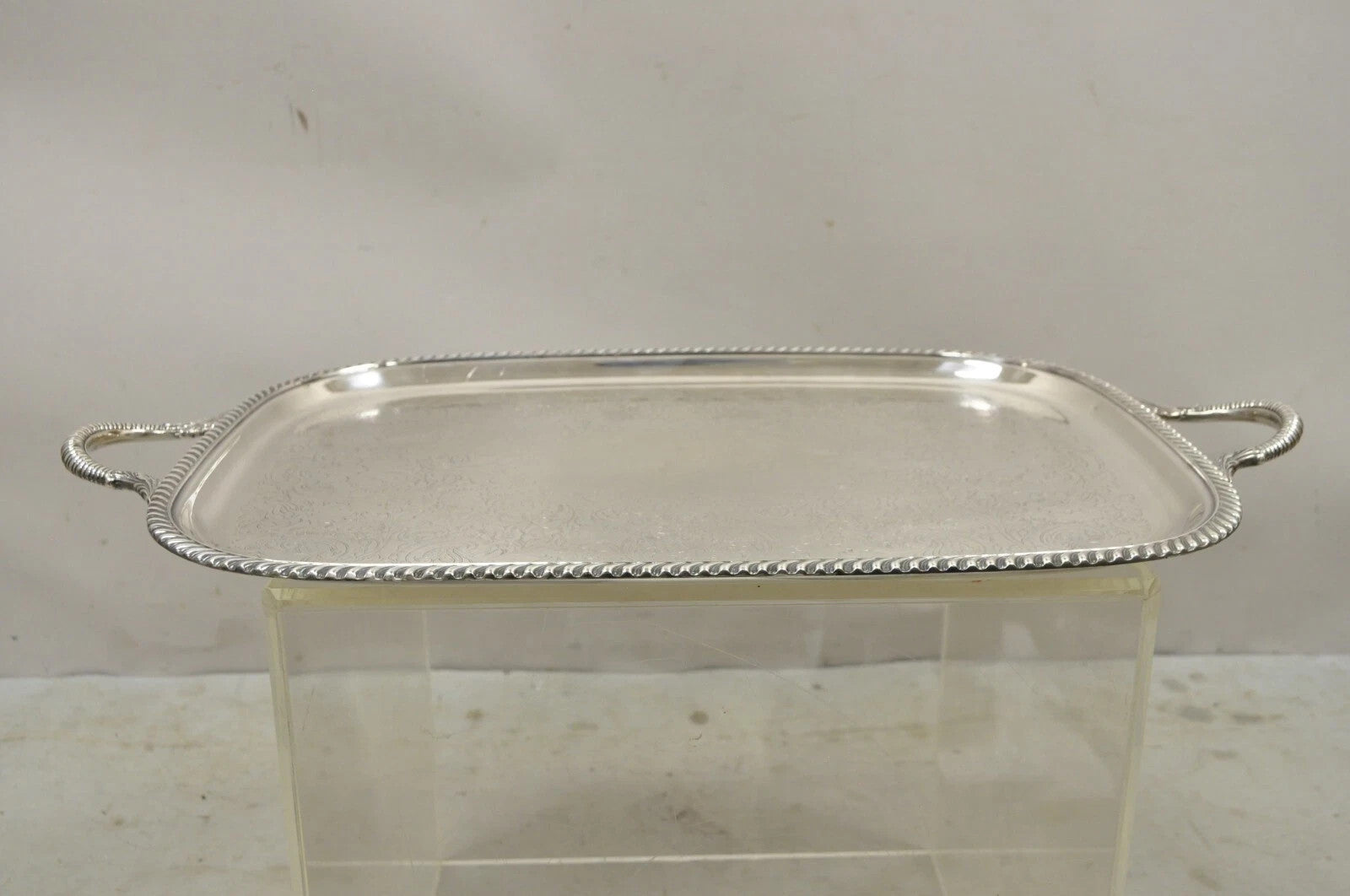 Vintage Victorian EPC Silver Plated Etched Twin Handle Serving Platter Bar Tray