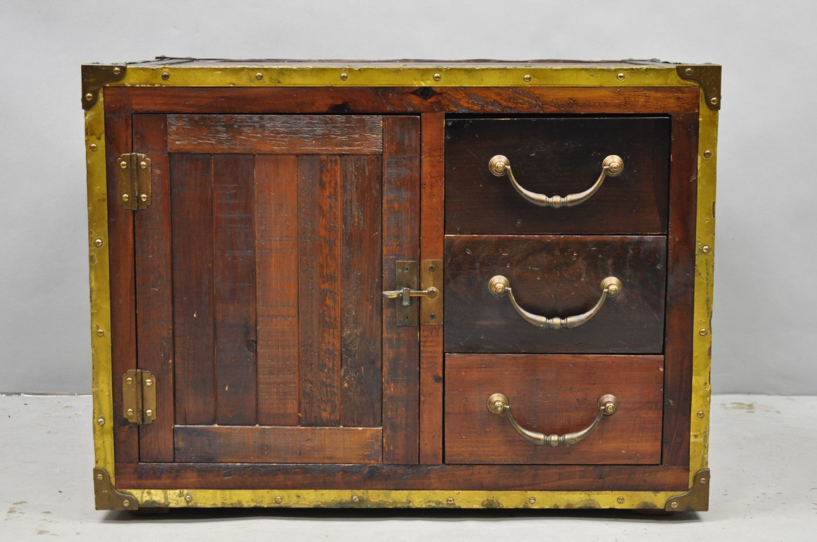 Habersham Wooden Plantation Campaign Trunk Style Side Coffee Table w/ Brass Trim