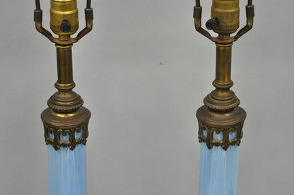 Vintage Italian Neoclassical Empire Iridescent Blue Glass Column Table Lamp Pair
