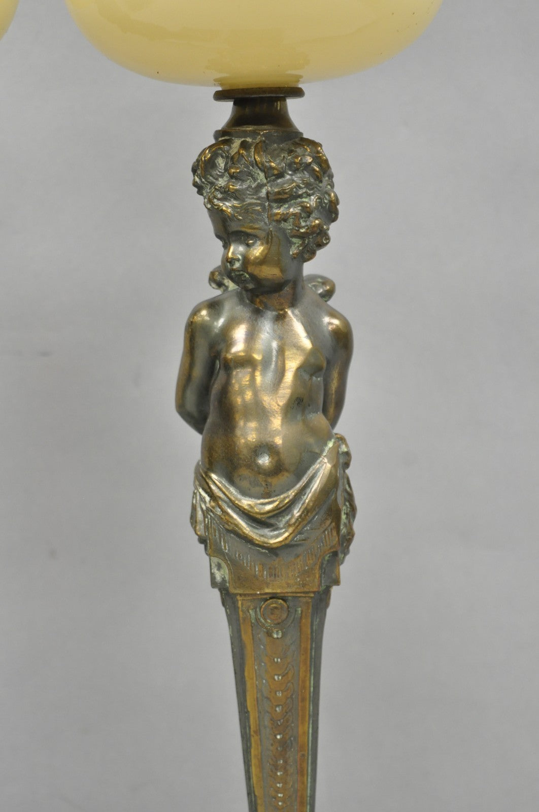 Vintage French Renaissance Brass Cherub Putti Column Cream Glass Table Lamp Pair