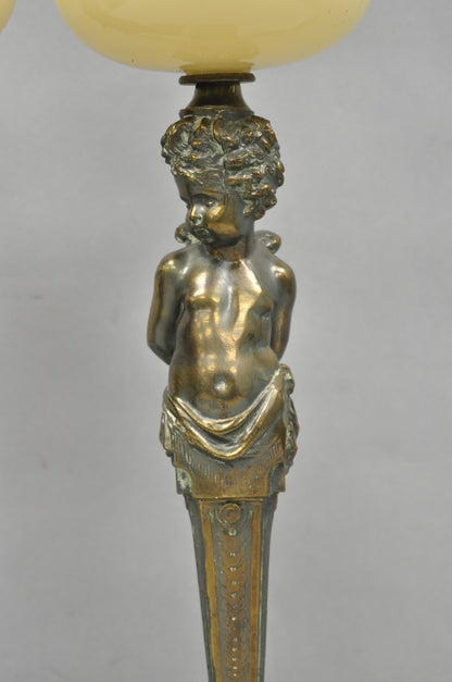 Vintage French Renaissance Brass Cherub Putti Column Cream Glass Table Lamp Pair