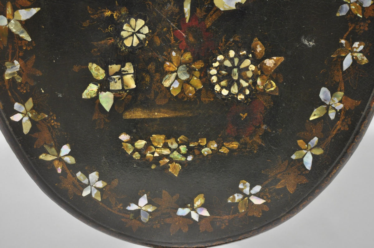 Antique English Victorian Mother of Pearl Inlay Black Lacquer Tilt Top Table