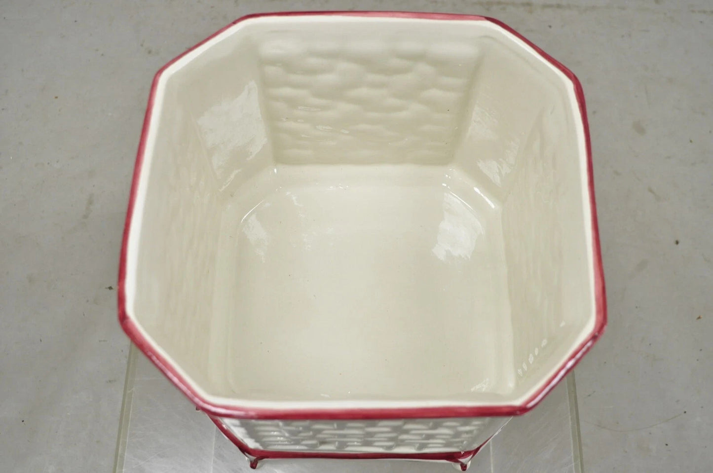 Vintage Chinoiserie Italian Porcelain Lattice Fretwork Pink Flower Planter Pot