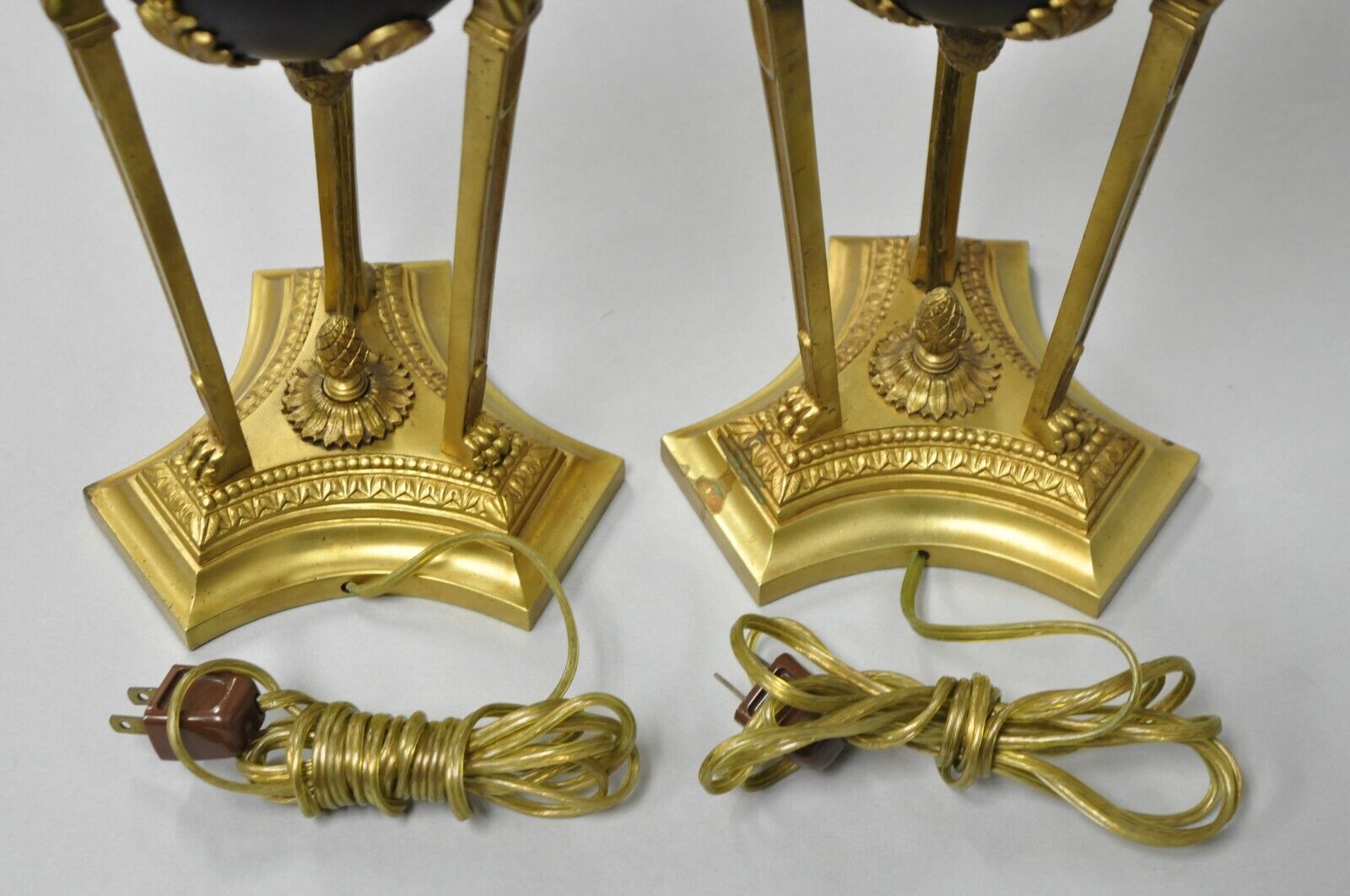 Vintage French Empire Style Figural Woman Black & Gold Brass Table Lamps - Pair