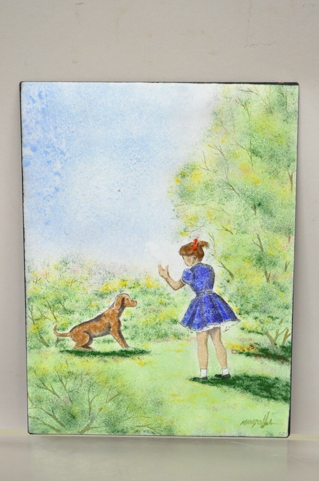 Dom Dominic Mingolla Enamel on Copper Painting Girl with Dog in Field 12 x 9