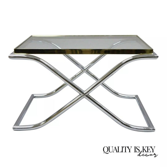 Vintage Hollywood Regency X-Frame Chrome Brass & Glass Small Coffee Table