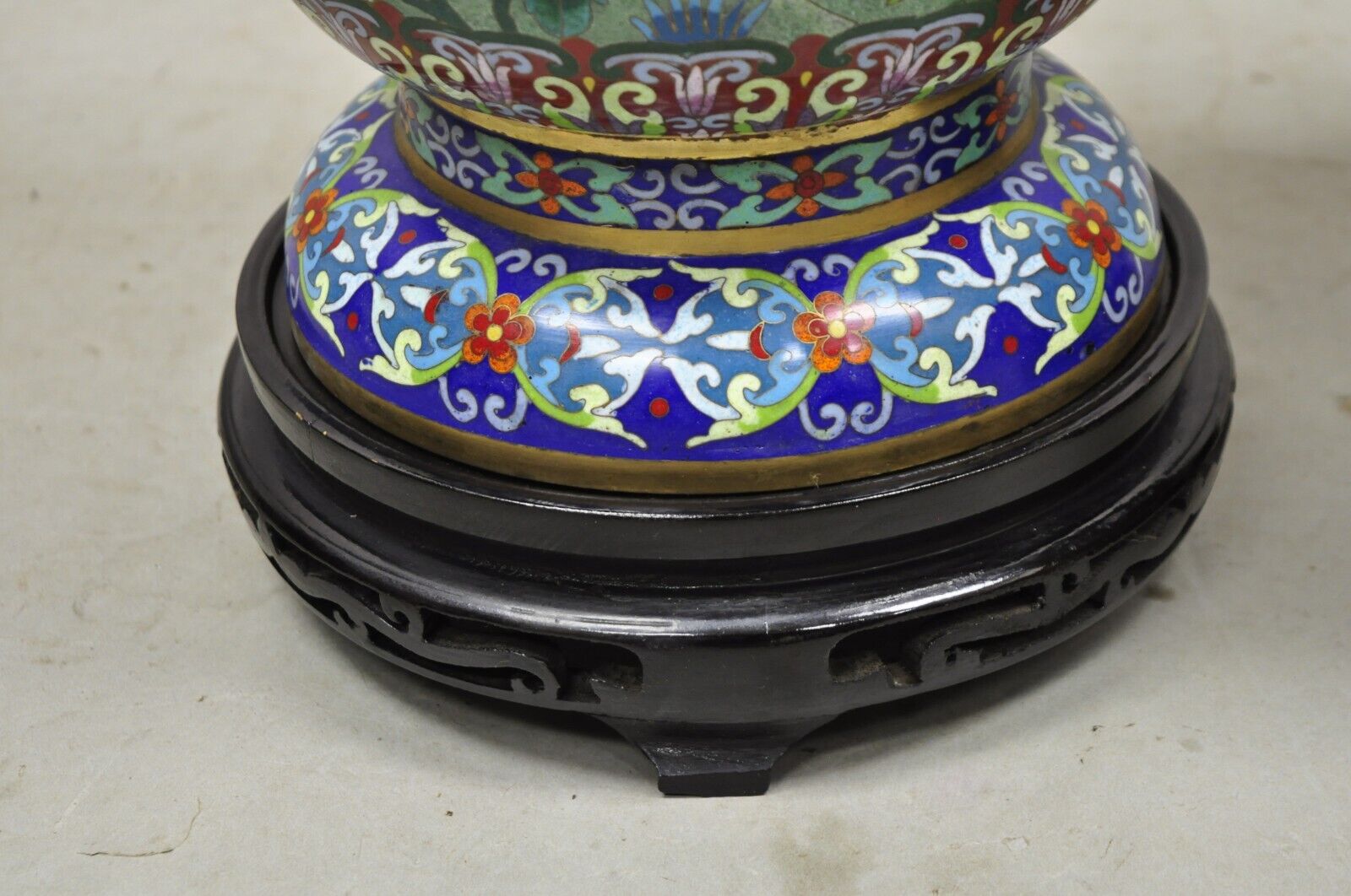 Vintage Chinese Cloisonné Porcelain Enamel Figural Crane and Deer Vase - a Pair
