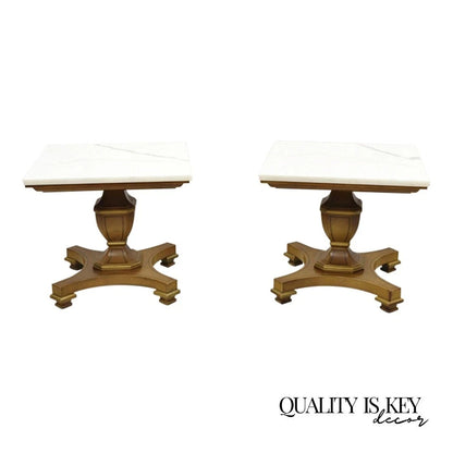 Vintage Empire Style Low Marble Top Pedestal Base Side Tables by Imperial - Pair