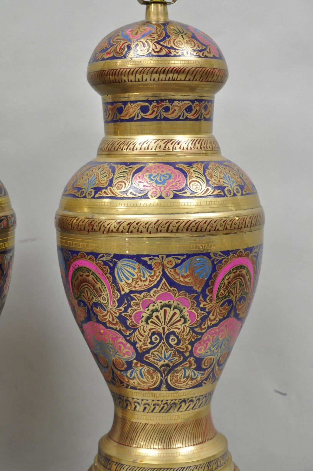 Vintage Brass & Cloisonné Enamel Pink & Blue Jardiniere Urn Table Lamps - Pair