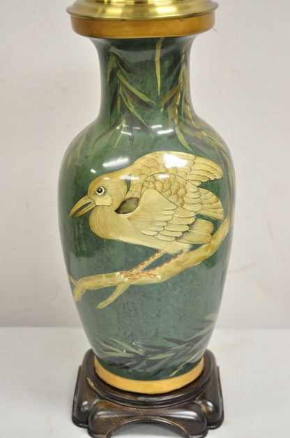 Vintage Chinoiserie Green Porcelain Jardiniere Table Lamp w/ Birds by Wildwood