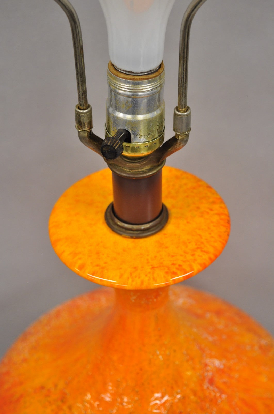 Vintage Mid Century Modern Orange Lava Glazed Bulbous Ceramic Pottery Table Lamp