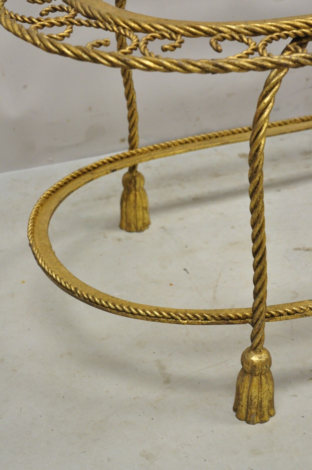 Italian Hollywood Regency Gold Gilt Iron Oval 2 Tier Rope Tassel Coffee Table