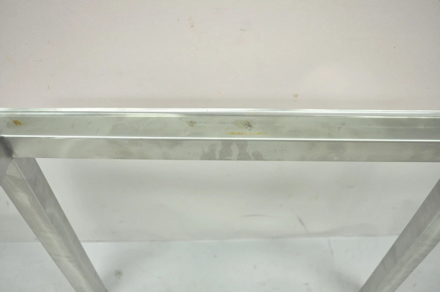 Mid Century Modern Brushed Metal Glass Top Milo Baughman Style Side Table