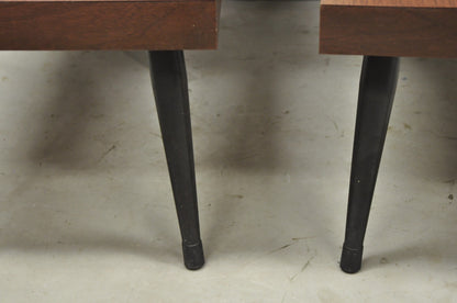 Vintage Mid Century Modern Two Tier Step Walnut Laminate Spindle End Table, Pair