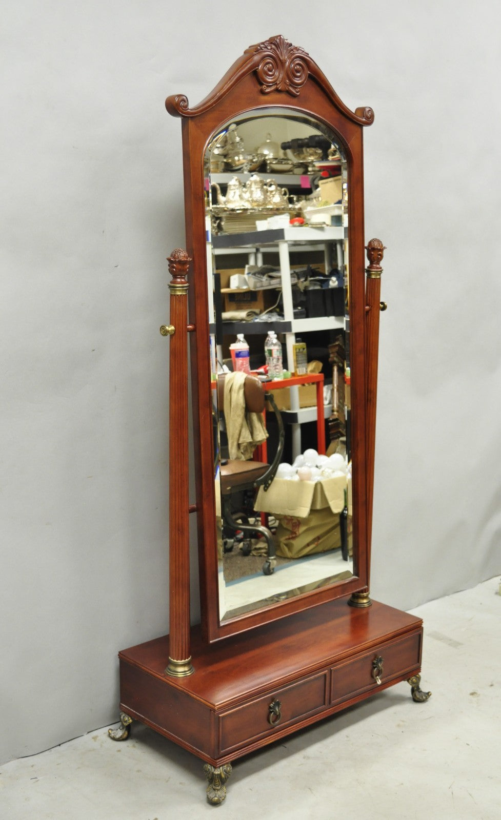 Bombay Company Cherry Wood Victorian Style Standing Cheval Mirror with Drawer