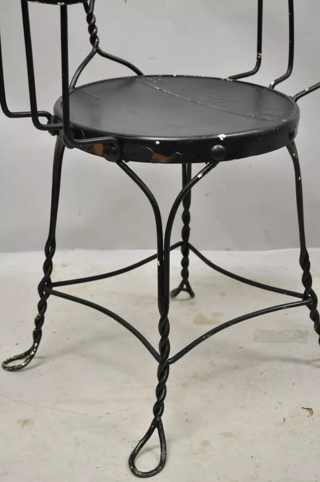 Antique Wrought Iron Twisted Metal Ice Cream Parlor Arm Chairs Wood Arms - Pair
