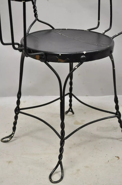Antique Wrought Iron Twisted Metal Ice Cream Parlor Arm Chairs Wood Arms - Pair