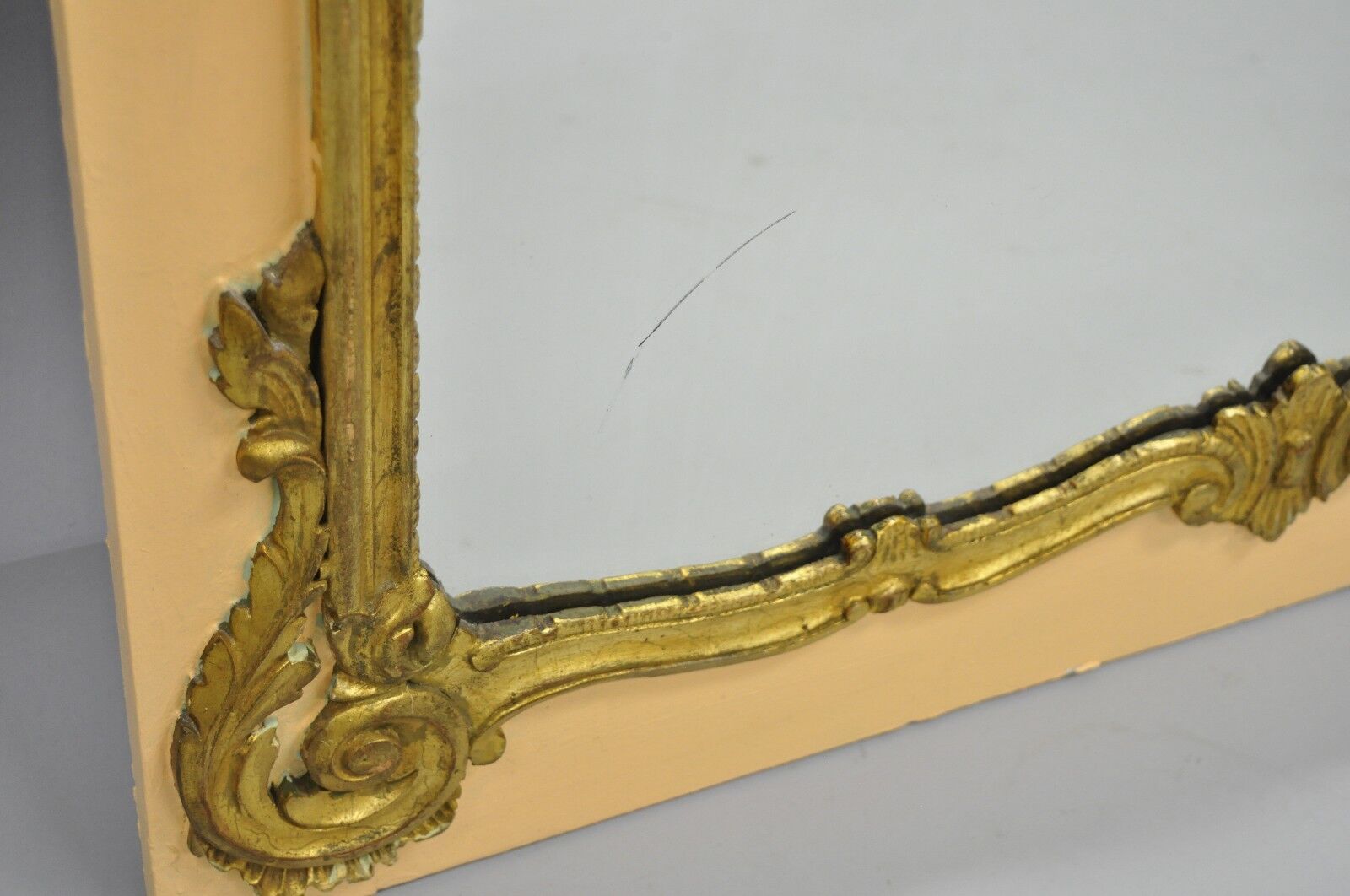 Antique French Louis XV Style Large Peach & Gold Giltwood Trumeau Wall Mirror