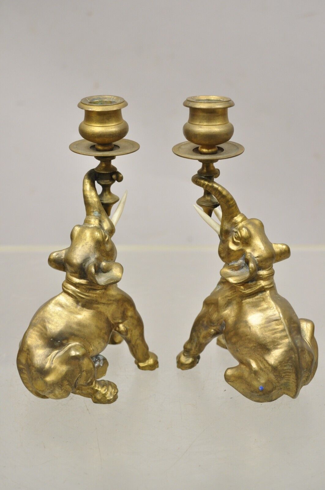 Vintage Gilded Brass Bronze Figural Elephant Small Candlesticks - a Pair