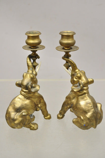 Vintage Gilded Brass Bronze Figural Elephant Small Candlesticks - a Pair