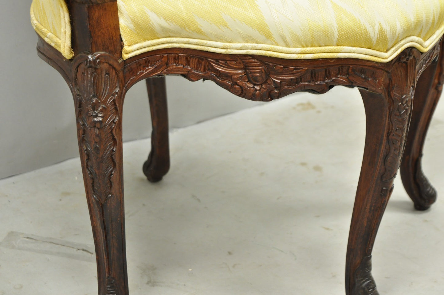 Antique French Louis XV Style Carved Walnut Yellow Fabric Boudoir Lounge Chair