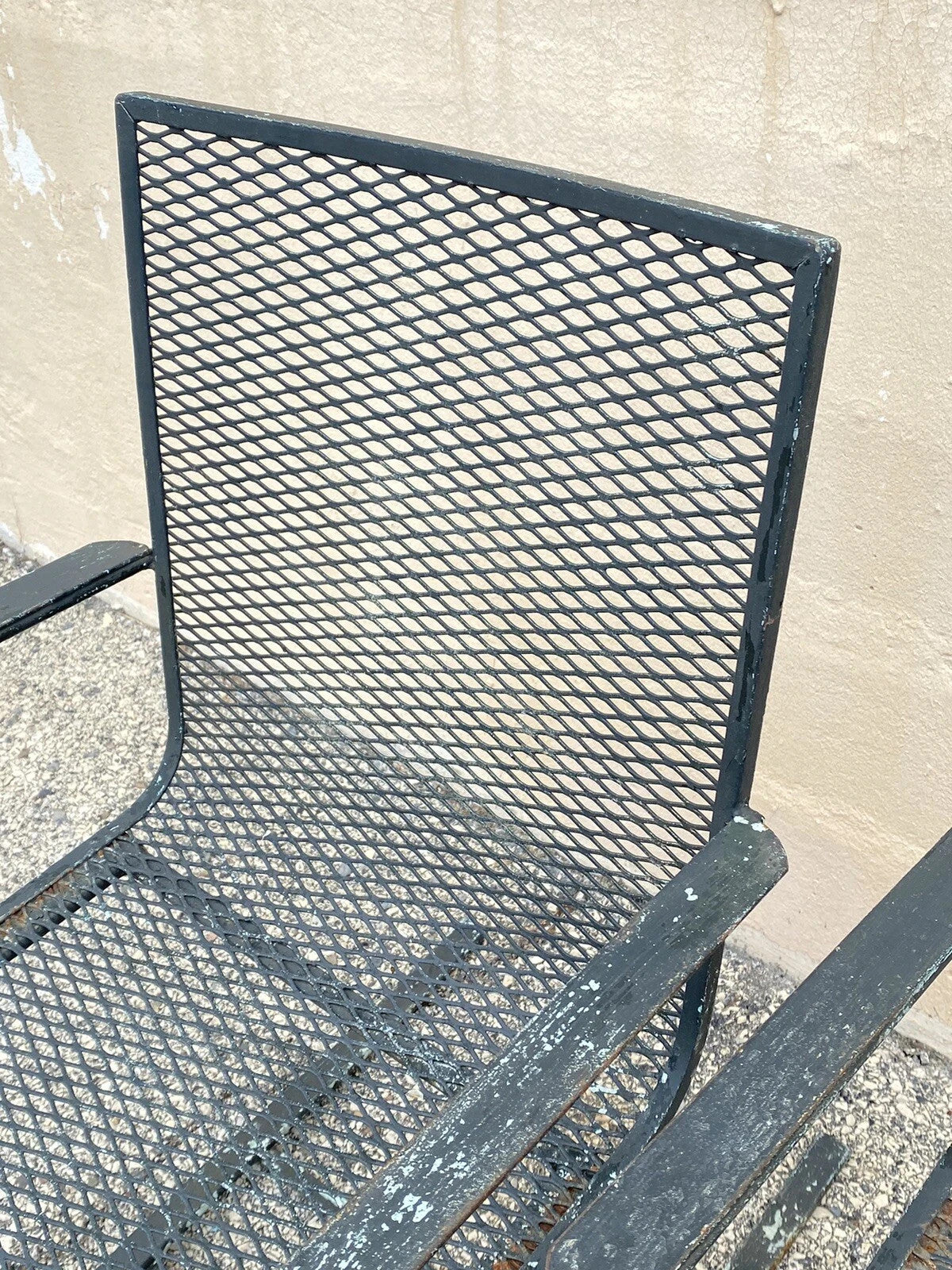 Mid Century Modern Wrought Iron Metal Mesh Cantilever Garden Patio Chair - Pair