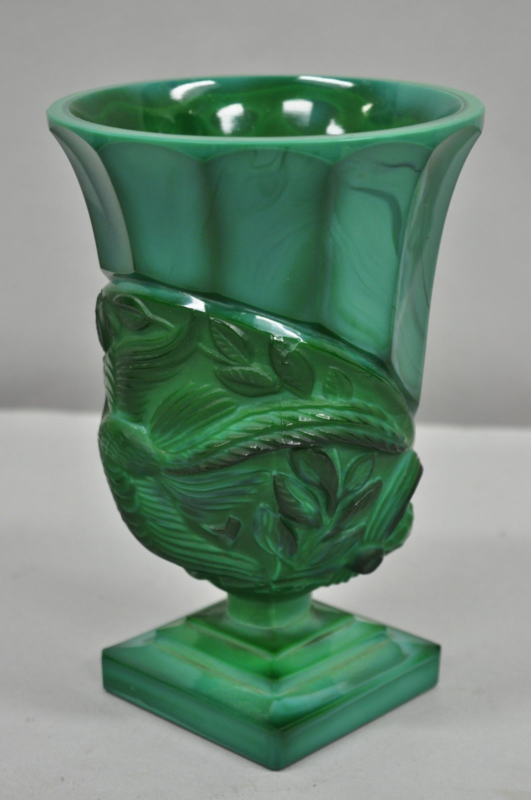 Antique Art Deco Malachite Jade Green Czech Glass Pedestal Vase with Bird