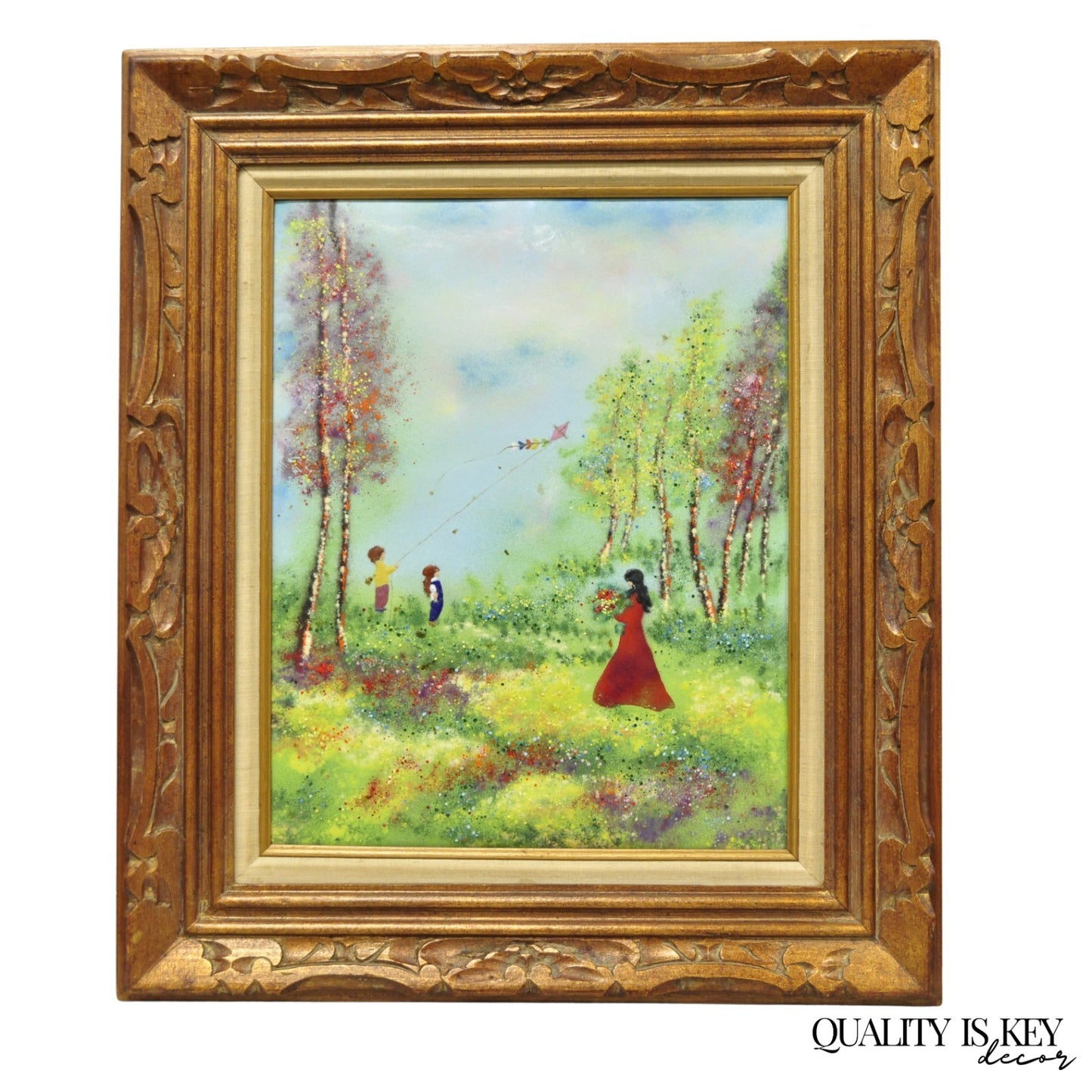 Vintage Louis Cardin Enamel on Copper Painting Framed "Woman with Boys & Kite"