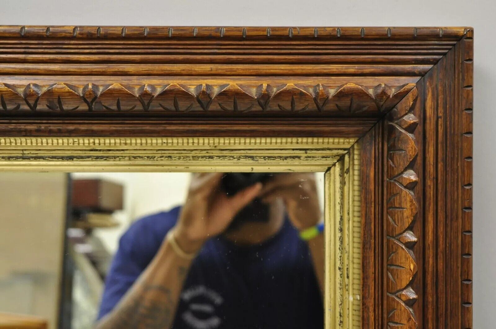 19th C American Victorian Hand Carved Oak Wood Gold Gilt Shadow Box Wall Mirror