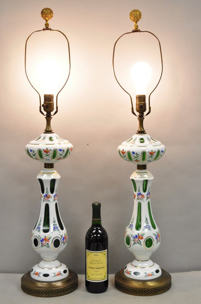 Antique Czech Bohemian Glass Emerald Green Flower Painted Table Lamps - a Pair