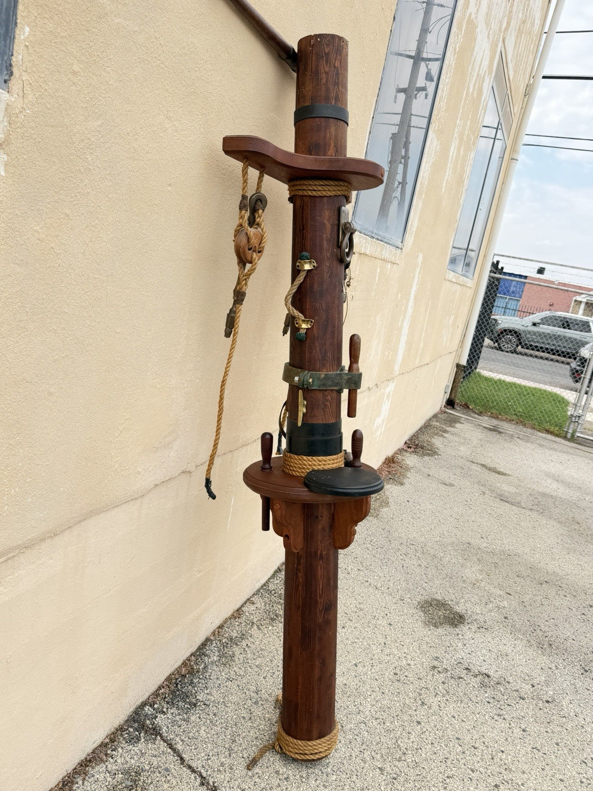 Vintage Custom Nautical Wood 95" Ship Mast Mancave Bar Island w Pulley & Ropes