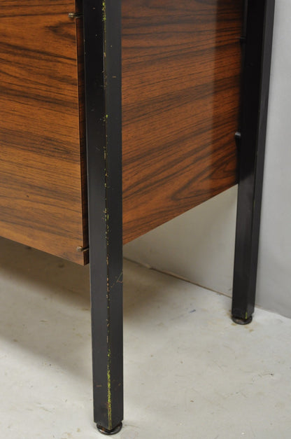 Vintage Mid Century Modern Faux Rosewood Laminate Steel Metal Credenza Cabinet