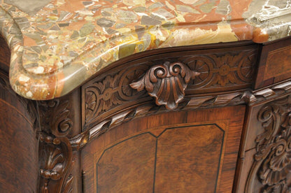 French Louis XV Baroque Style Carved Burl Walnut Rouge Marble Top Commode Server