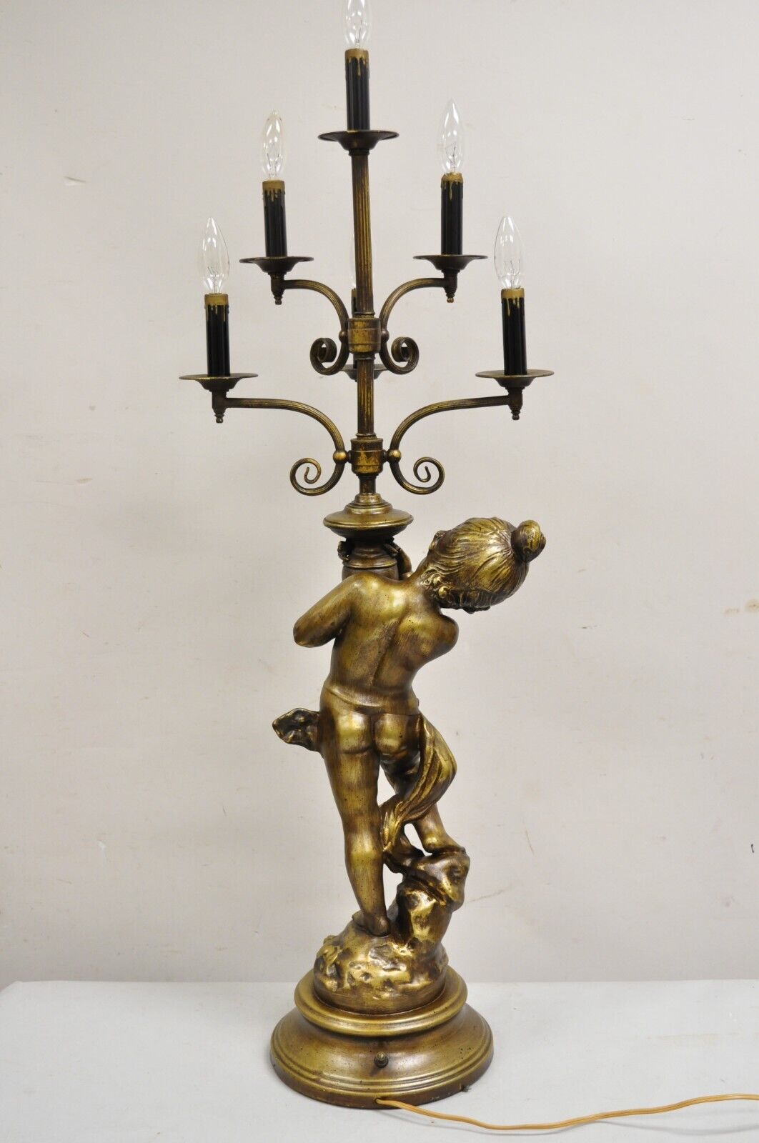 Vintage French Renaissance Metal Figural Girl Cherub Putti Candelabra Table Lamp