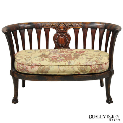 Antique Victorian Carved Mahogany Paw Foot Barrel Back Settee Loveseat Sofa