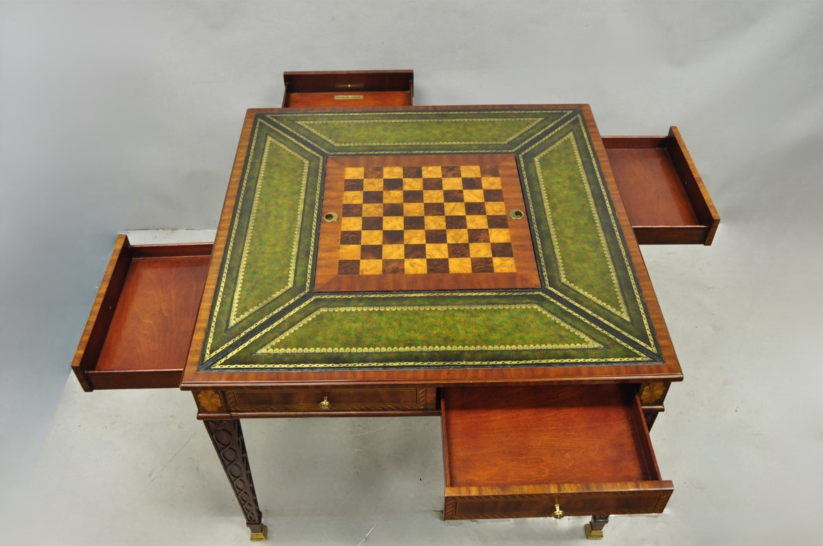 Maitland Smith Marquetry Inlay Leather Mahogany Game Table & 4 Shield Back Chair