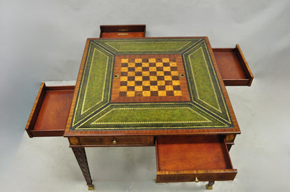 Maitland Smith Marquetry Inlay Leather Mahogany Game Table & 4 Shield Back Chair