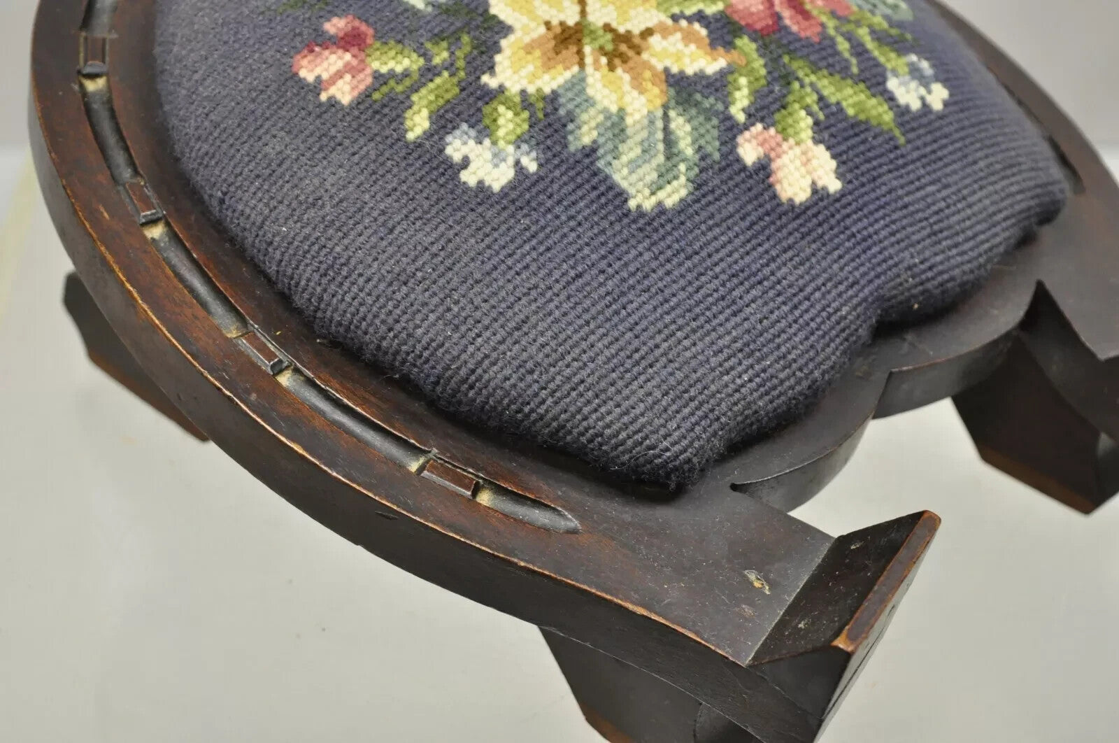 Antique Victorian Mahogany Horseshoe Needlepoint Gout Stool Footstool Ottoman