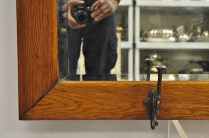Antique Arts & Crafts Mission Oak Wood Beveled Glass Hall Mirror Iron Coat Hooks