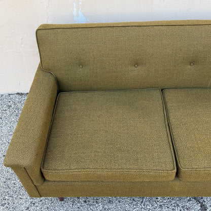 Vintage Mid Century Modern Greenish Brown Tufted 82" Sofa Couch w/ Walnut Legs