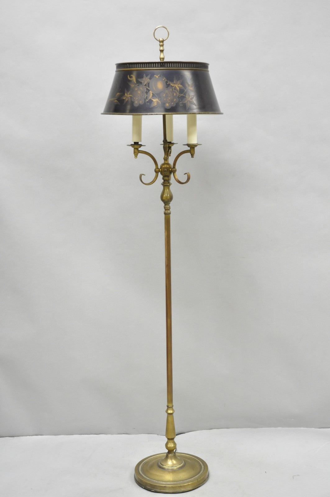 Vintage French Country Brass Reading Floor Pole Lamp with Tole Metal Shade