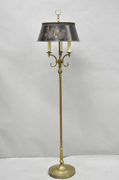 Vintage French Country Brass Reading Floor Pole Lamp with Tole Metal Shade