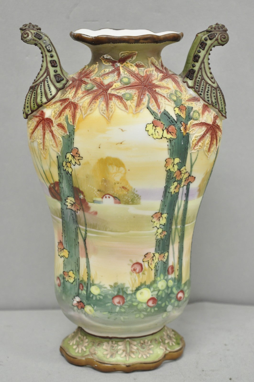 Antique Nippon Hand Painted Porcelain Moriage Twin Handle Countryside Scene Vase