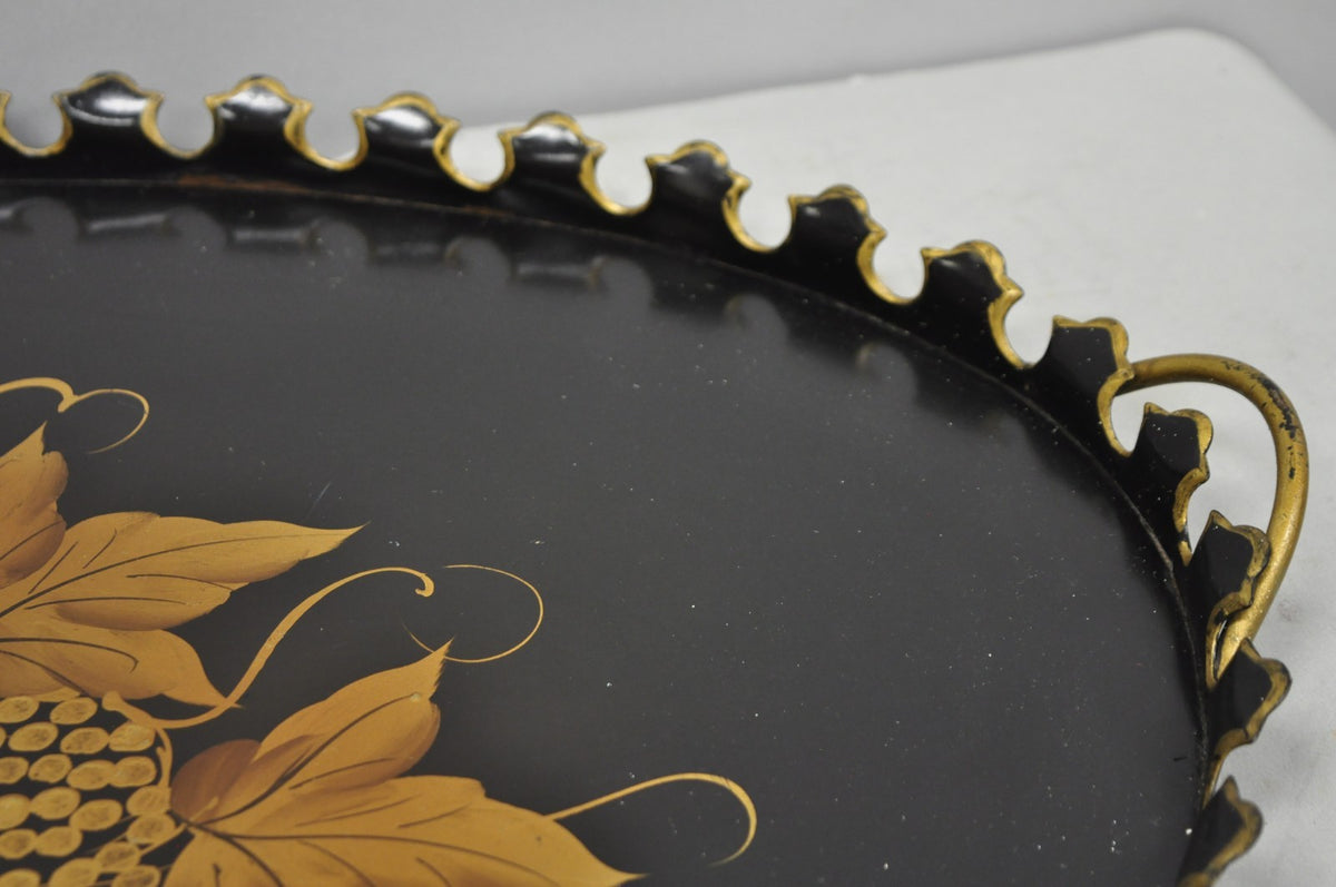 Vintage French Country Black and Gold Hand Painted Oval Toleware Serving Tray