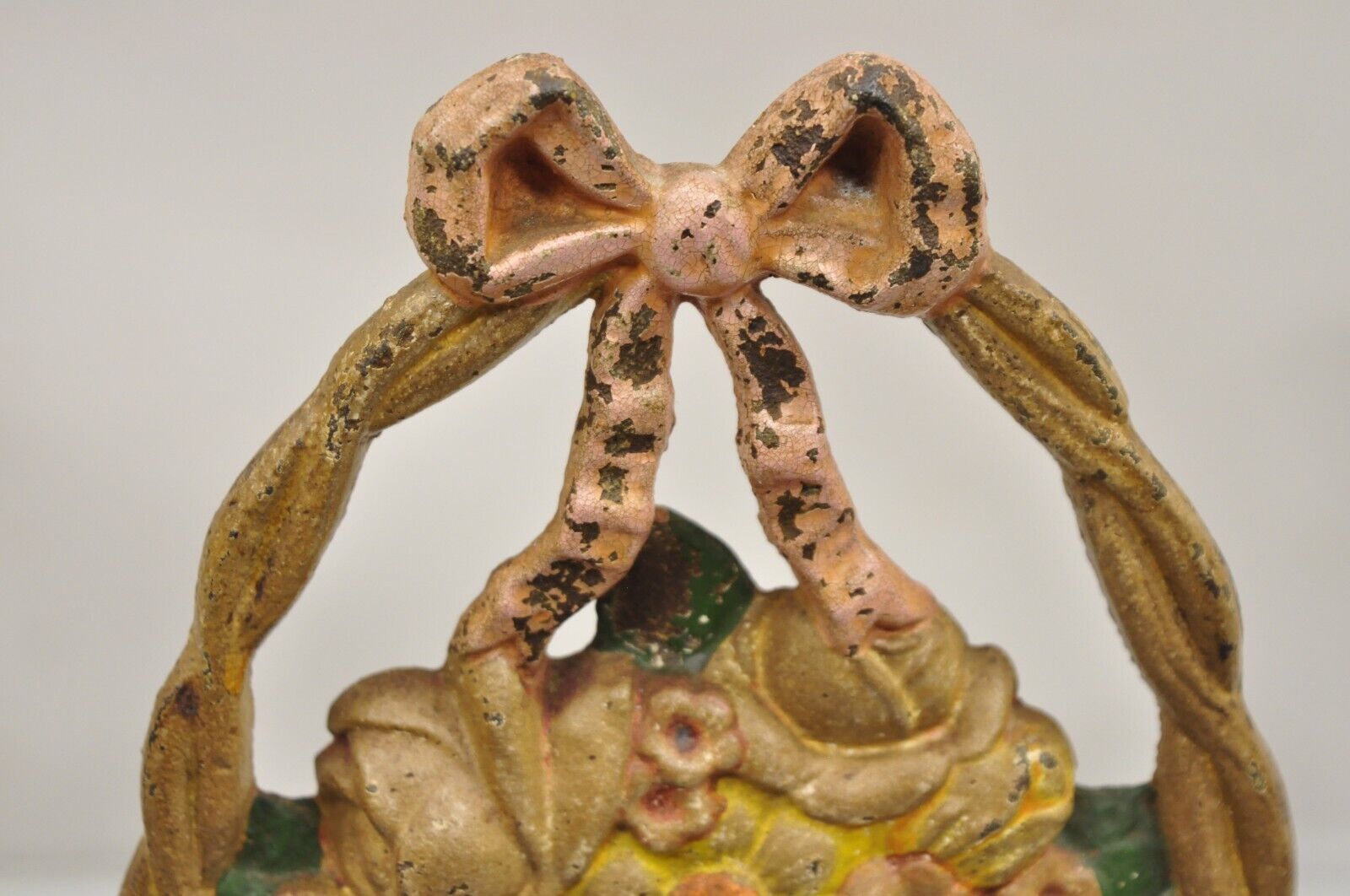 Antique Victorian Cast Iron Painted Floral Bouquet Pink Bow Basket Door Stop